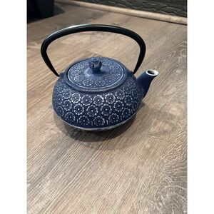 Japanese Blue Cast Iron Teapot Floral Round Base With Black‎ Handle